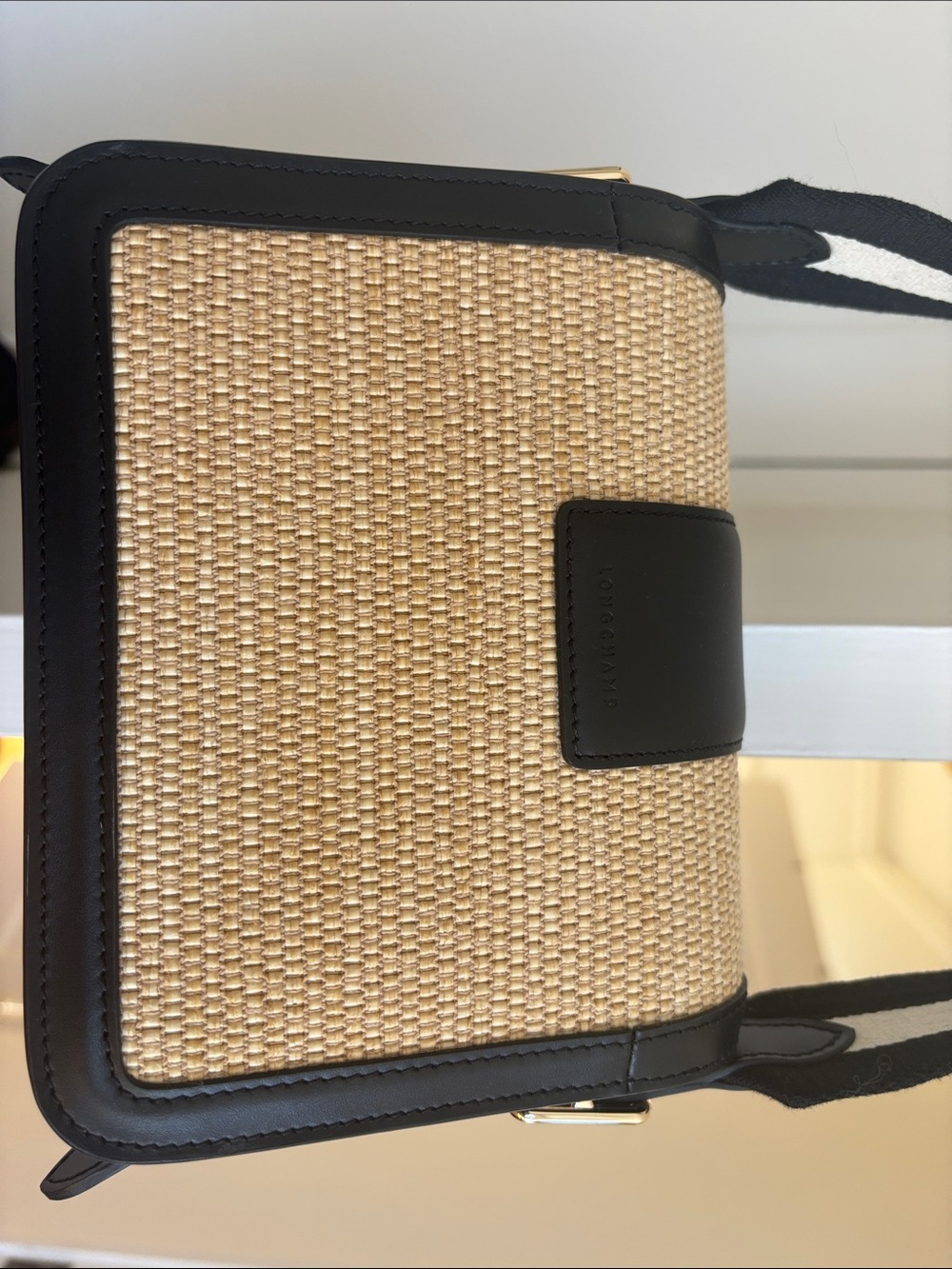 Longchamp Woven Straw Crossbody Bag with Black Trim and Gold Accent - Picture 4 of 12